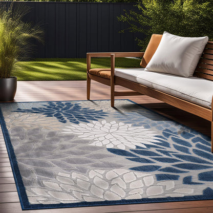 Beverly Rug Outdoor Rug 9x12 Large Modern Floral Tropical Area Rugs for Indoor and Outdoor Patio Easy to Clean Non Shedding Living Room Porch Garden Washable Outside Carpet (9 x 12 Blue)
