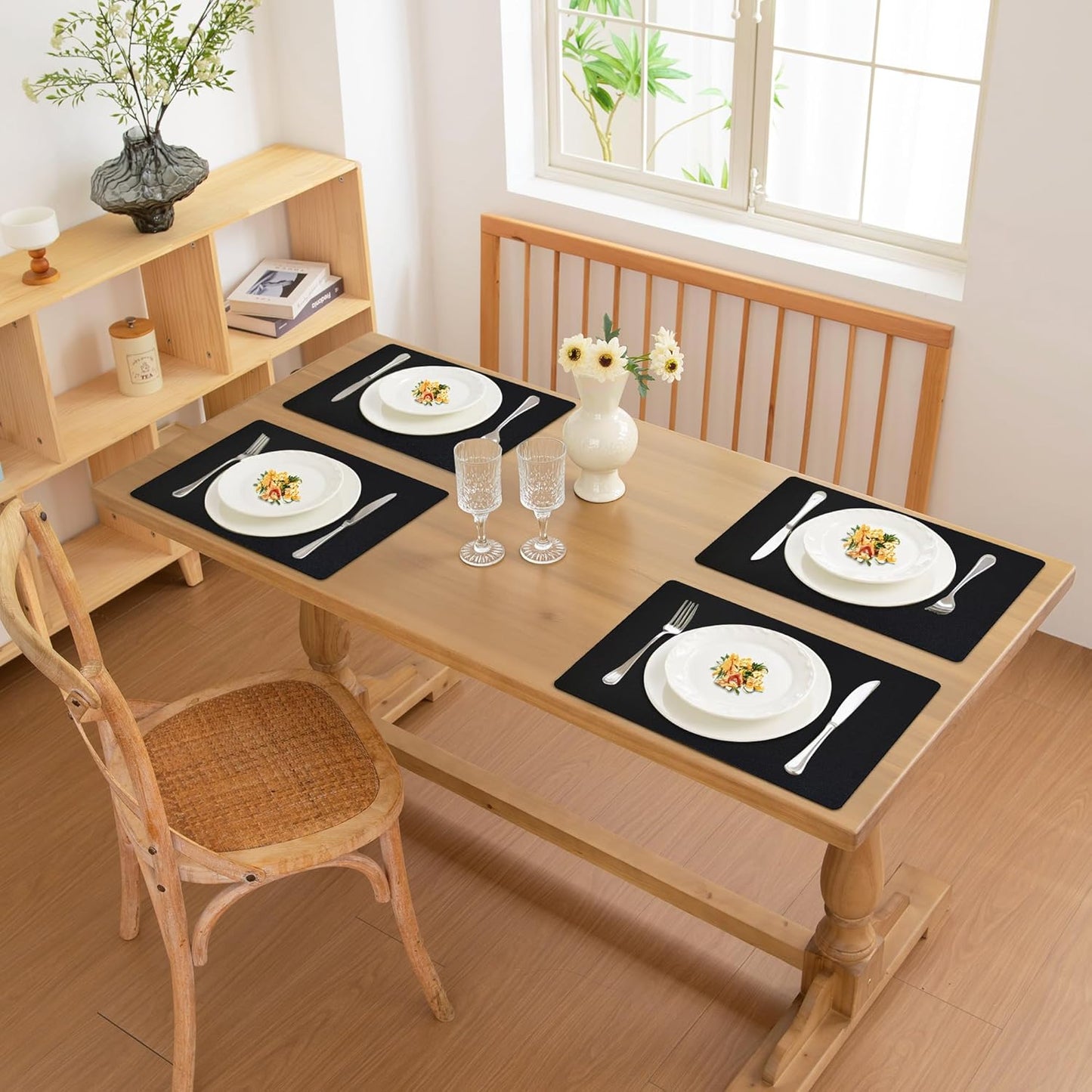 FROMHEART Faux Leather Placemats Set of 4–Waterproof,Heat/Oil Stain-Resistant PU Table Mat–Reversible,Non-Slip,Easy to Clean Place Mats for Kitchen,Dining,Indoor/Outdoor,(Black,11.8" x 17")