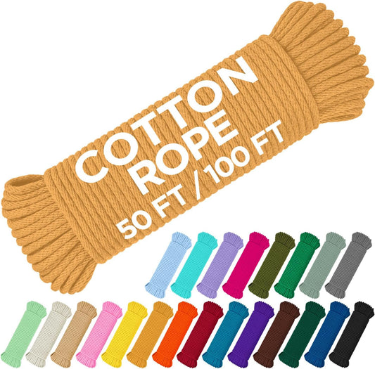 TECEUM Cotton Rope 3/16” (5 mm) – 50 FT – Strong All-Purpose Braided Rope – Natural Cotton – for Crafting, Сamping, Clothes Line, DIY, Indoor & Outdoor Use – Honey