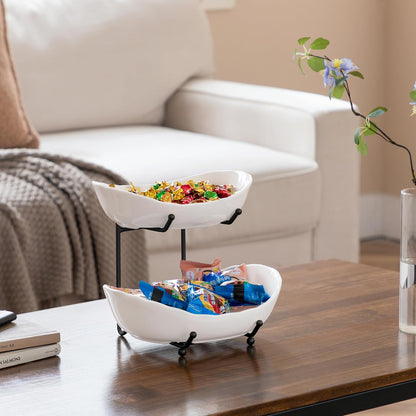 HBlife Fruit Bowl for Kitchen Counter - 2 Tier Ceramic Fruit Rack, Fruit Basket for Fresh Fruit&Veggies, Tiered Fruit Platter Serving Trays for Party