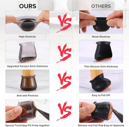 24PCS Upgraded Silicone Chair Leg Floor Protectors for Hardwood Floors, Furniture Sliders for Chair Legs, Felt Bottom Furniture Pads, Anti-Slip Round&Square Cap Covers to Scratch and Reduce Noise