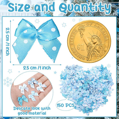 Syhood 150 Pcs Christmas Mini Bow Tiny Twist Tie Bow Handmade Craft Ribbon for DIY Sewing Party Decor(Blue and White,Snowy)