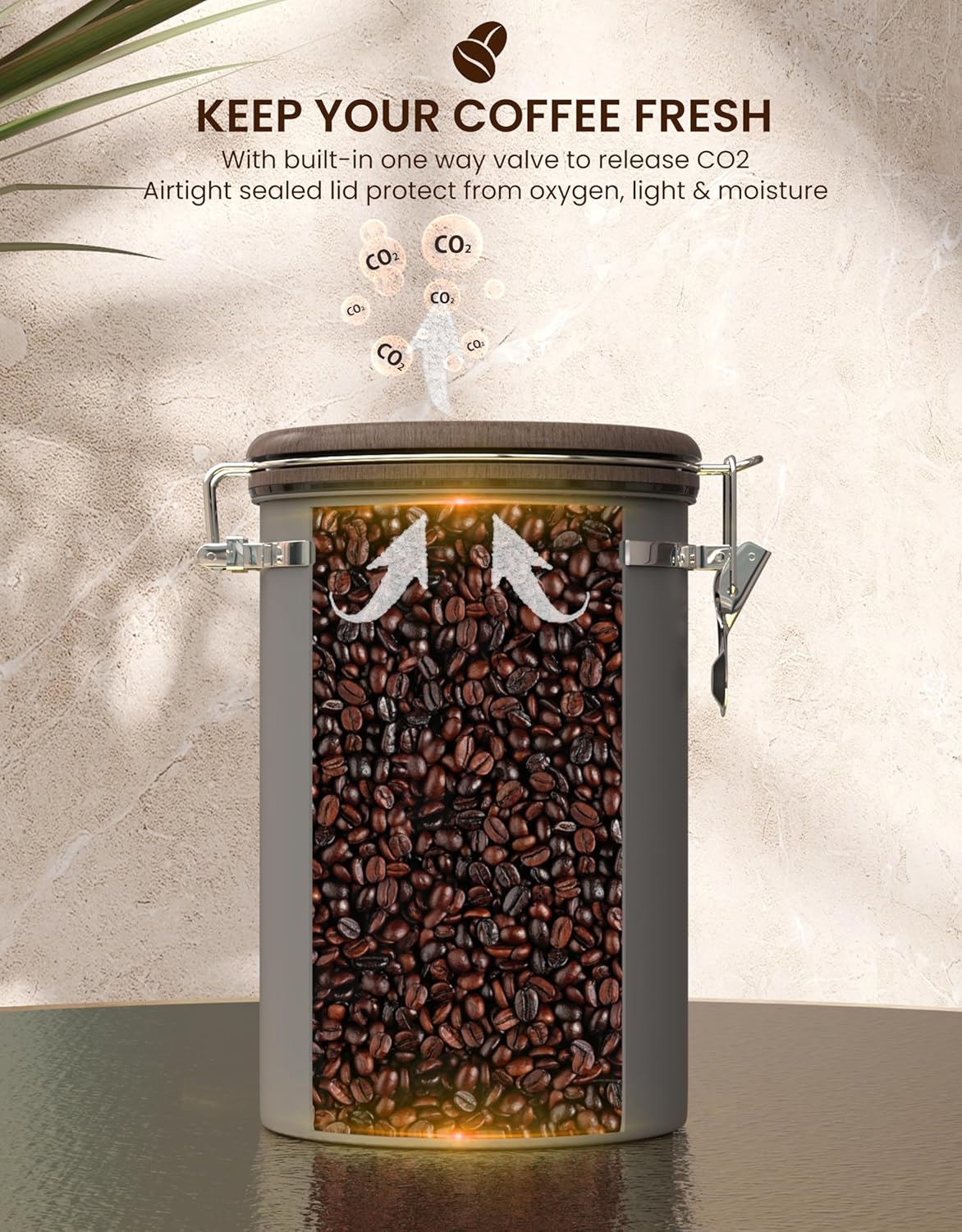 HAIOOU Airtight Coffee Canister Wood Grain [New Version], 22OZ Large Stainless Steel Coffee Bean Storage Container with Date Tracker, Measuring Scoop, CO2 Releasing Valves - Walnut and Gray