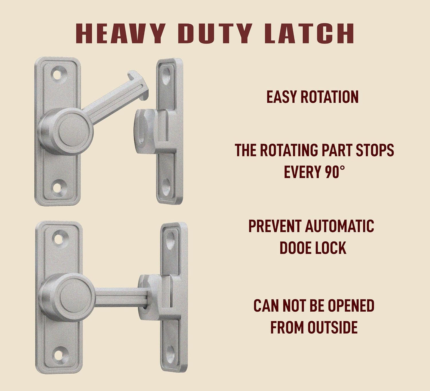 Barn Door Privacy Latch, 90°/180° Swing Slide Lock, Zinc-Alloy, Adhesive or Screw Mount, Interior Use for Bathroom/Bedroom/Closet/Shed, Includes Screws & Glue - Silver