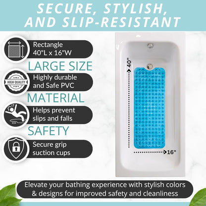 ENKOSI Bath Mat - Large Non Slip Bathtub & Shower Mat - Extra Long 40 x 16 Inch Bathroom Mats for Tub Nonslip Anti Slip Bathmats (40x16 Clear Blue 1-Pack)