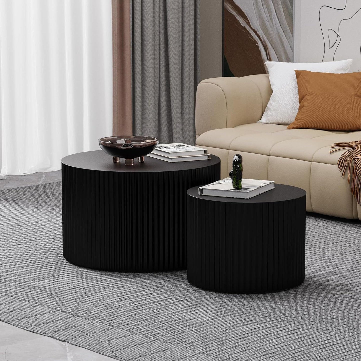 Round Coffee Table Set of 2, Nesting Coffee Table and End Table Set Small Circle Drum Side Table for Living Room Office, No Assembly (A Black Small)