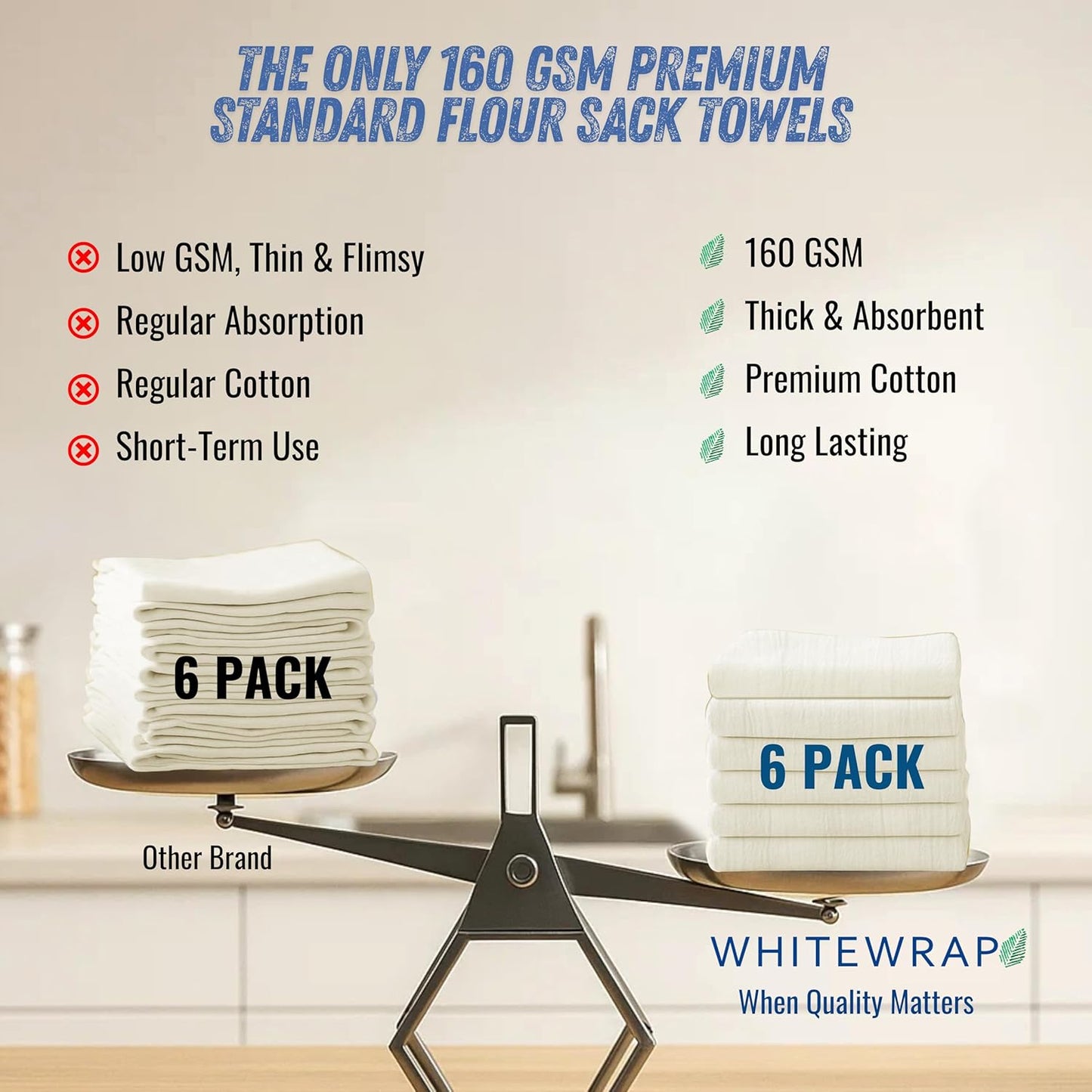 WHITEWRAP Flour Sack Towels| Tea Towel for Crafts| Kitchen Dish Cotton Blank Towel for Embroidery|Baking Bread Proofing Linen Cover| Thick Absorbent Quick Dry| 6 Pack 28"x28" Natural