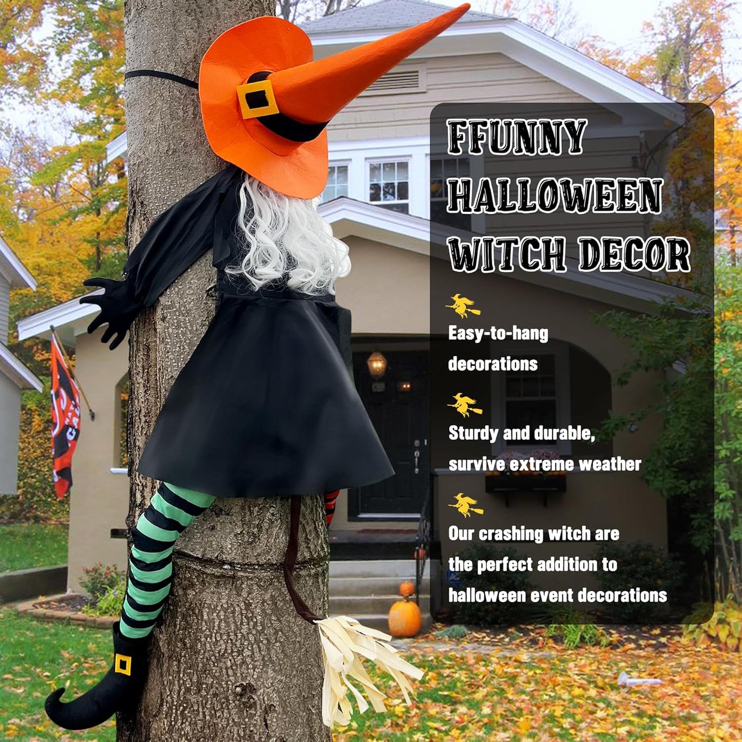 POPGIFTU 53" Halloween Crashing Witch Decoration – Funny Flying Witch for Tree, Yard, Porch & Outdoor Halloween Decor