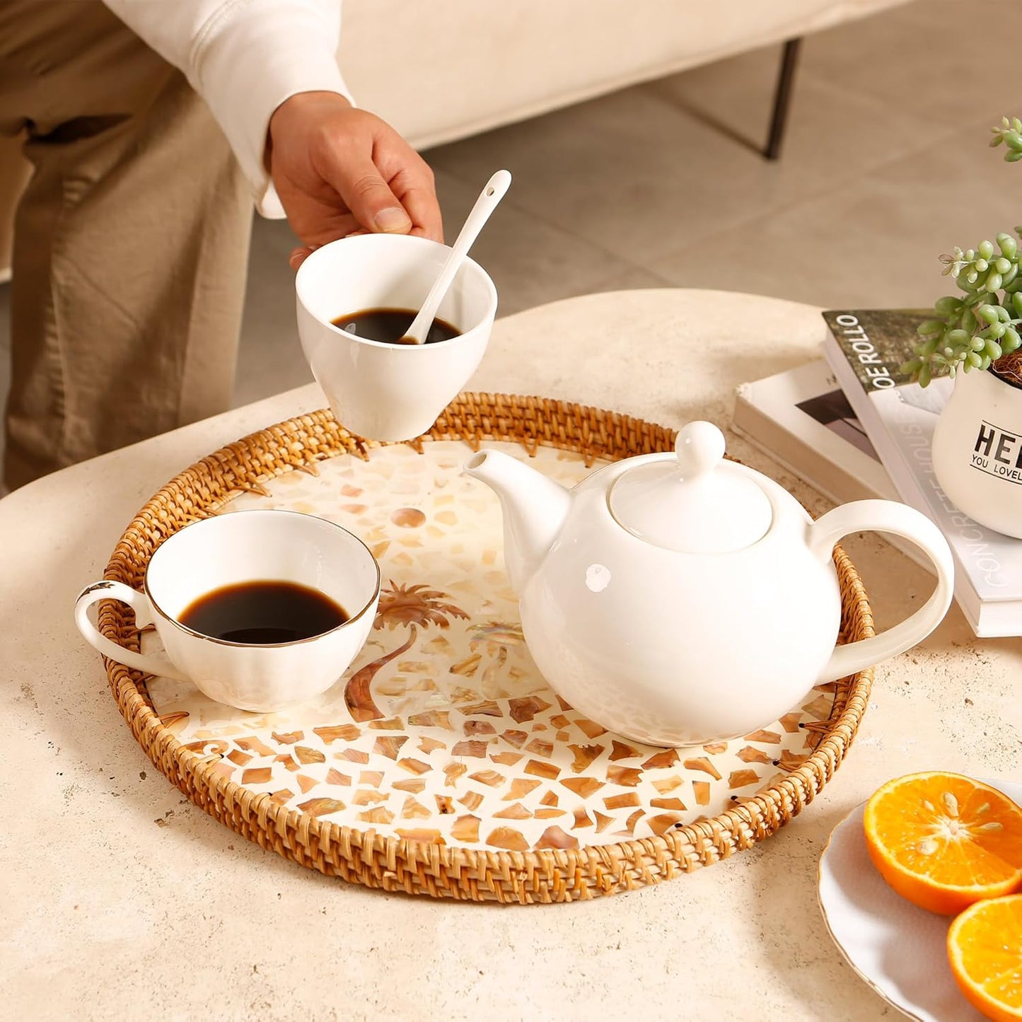 Round Rattan Tray with Mother of Pearl Inlay & Wooden Base - Decorative Wicker Serving Tray for Coffee/Bread/Fruits, Food Storage & Display - Multipurpose Home Decor (M,Island)