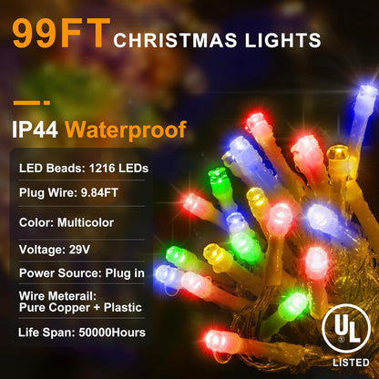 KNONEW 99ft 1216 LED Christmas Lights Outdoor 8 Modes Curtain Fairy String Light with 228 Drops, Clear Wire LED String Light Decor for Wedding Party Christmas Decorations(Multicolor)