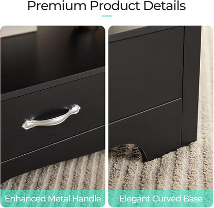 LINSY HOME Farmhouse Coffee Table with Storage, Wood Coffee Table for Living Room, Open Display Area and Storage Drawers with Metal Handles, Chic Style with Curved Base, Black