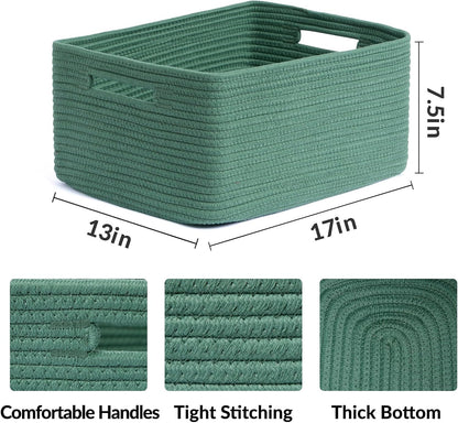 Large Storage Baskets for Shelves, Closet Organizers Bins for Clothes Blanket Towels, Baby Nursery, Toy Baskets Box, Woven Rope Baskets, 17 x 13 x 7.5”, 3 Packs Green