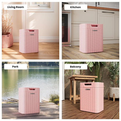 Ypati Handwoven 4 Gallon Rattan Trash Can with Lid, Boho Style Decorative Indoor and Outdoor Trash Bin with Shelf, Waste Basket for Bathroom, Patio, Study, with Trash Bags, Macaron Pink, Eureka