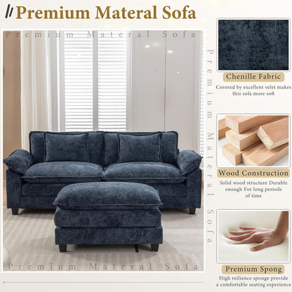 URRED Modular Sectional Sofa Comfy Cloud Couch, Modern Chenille Sofa Sleeper Deep Seat Couches with Ottoman/Pillows for Living Room (Blue, 82.6''- L Shape)