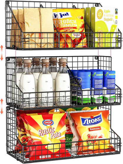 X-cosrack 3 Tier Large Stackable Snack Organizer - Versatile Wall Mounted Wire Storage Basket with Divider for Candy Chip Cans Bars - Ideal for Pantry Office Home
