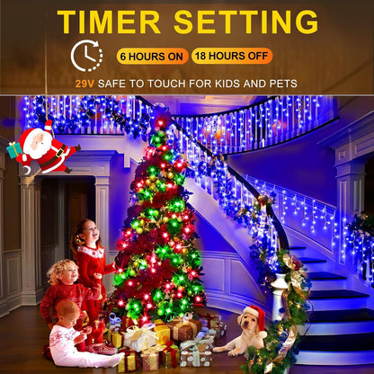 Christmas Lights Outdoor Decorations 1216 LED 99ft 8 Modes Curtain Fairy String Light with 228 Drops, Clear Wire LED String Light Indoor Decor for Wedding Party Holiday Christmas Decoration Blue