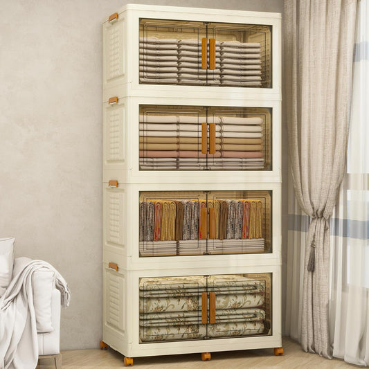 Plastic Stackable Storage Bins with Lids and Wheels, Foldable Closet Organizers and Storage Containers for Bathroom, Collapsible Clear Drawer Storage Cabinet with Doors White 45Gal 4Tiers