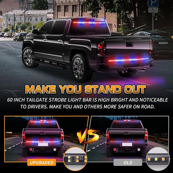 XRIDONSEN 48 inch Truck Tailgate Police Lights Strip 288 LED Tail/Rear Window Strobe Light Bar Red Blue Emergency Lights Flashing Warning Hazard Safety Caution for Vehicles Trucks Pickup SUV Car
