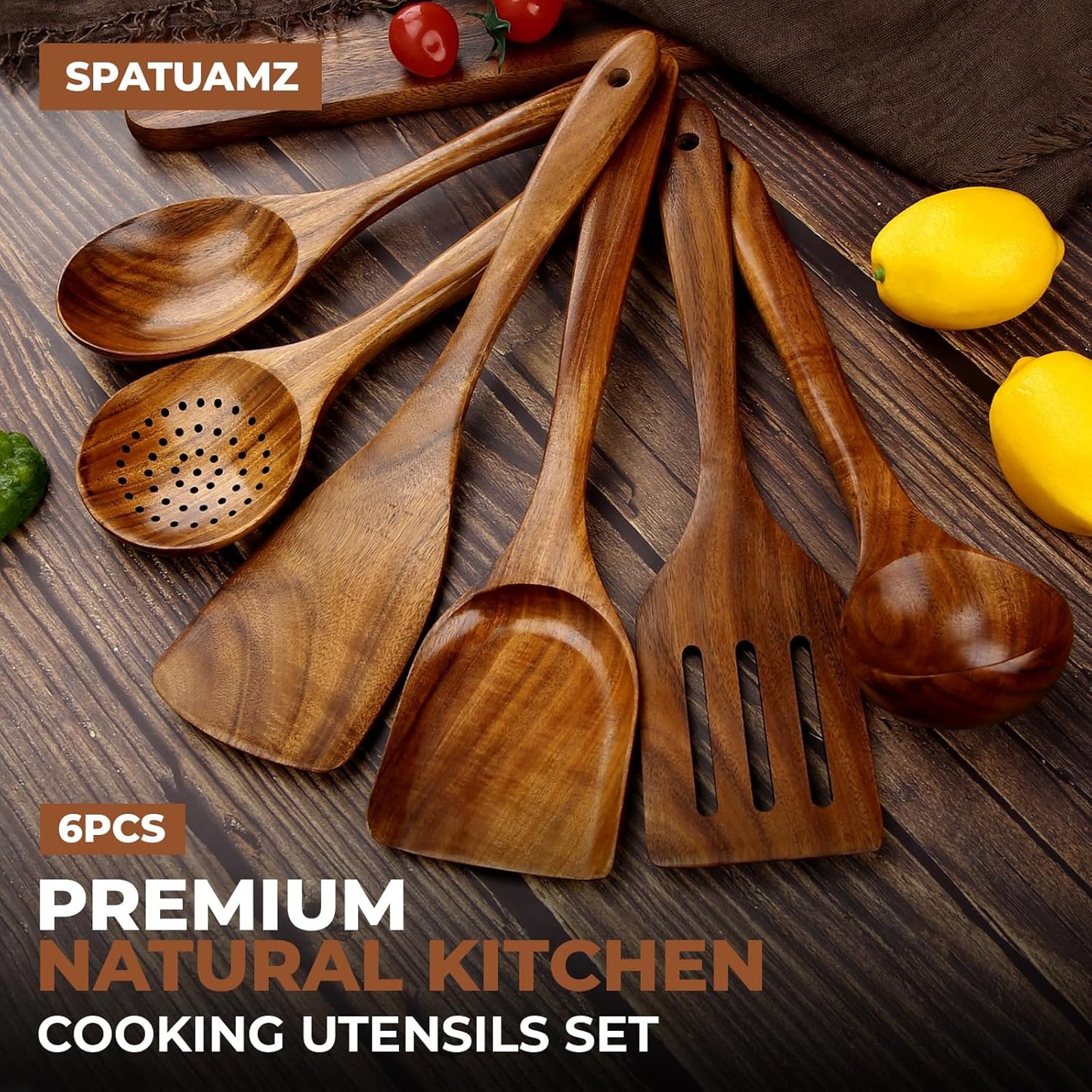 SPATUAMZ Wooden Cooking Spoons, Ladle and Spatula, Fine Polished Teak Wood Cooking Utensils Set of 6, Nonstick Wooden Kitchen Spoon & Spatula Set