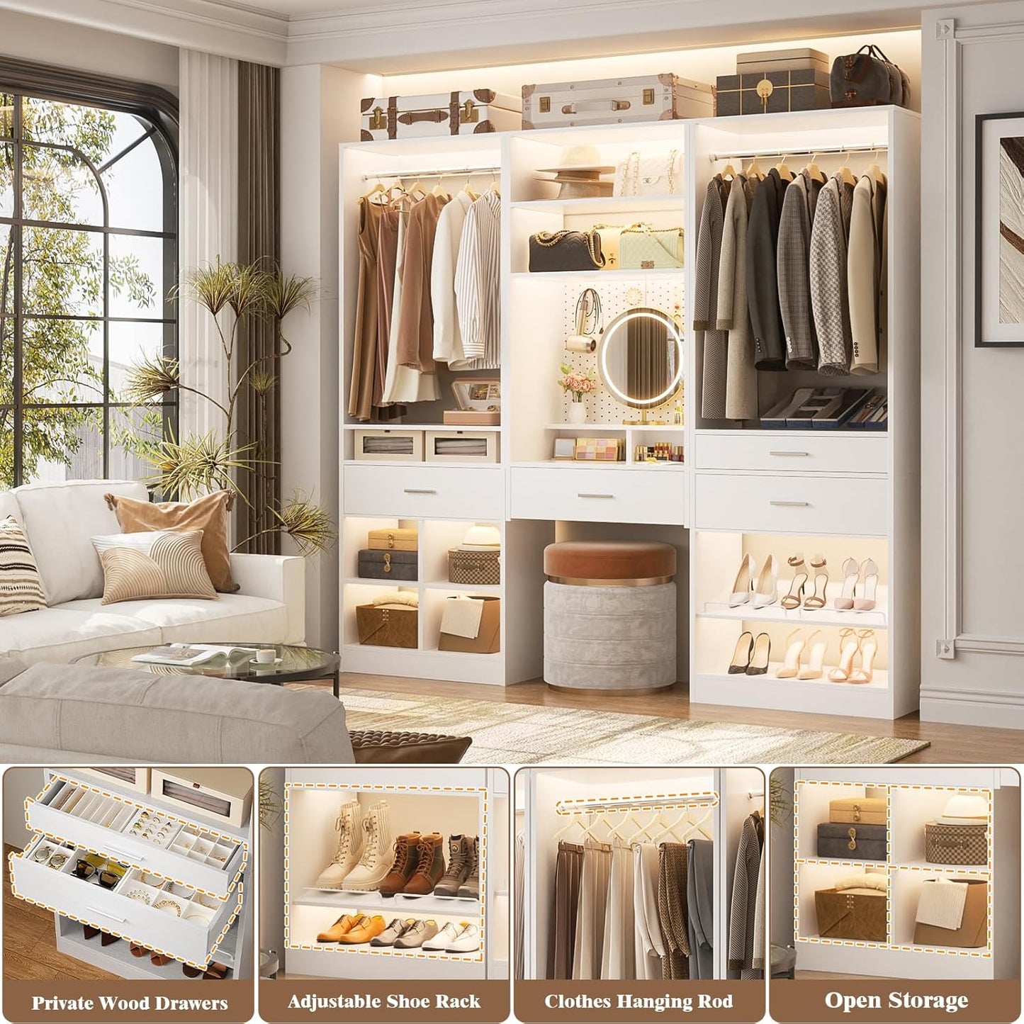 Unikito 75” Modular Closet System, Freestanding Closet Organizer with Hanging Rods and Drawers, Adjustable Clothes Garment Rack with Shoe Rack, Sturdy Walk in Closet Set for Bedroom, Mudroom, White