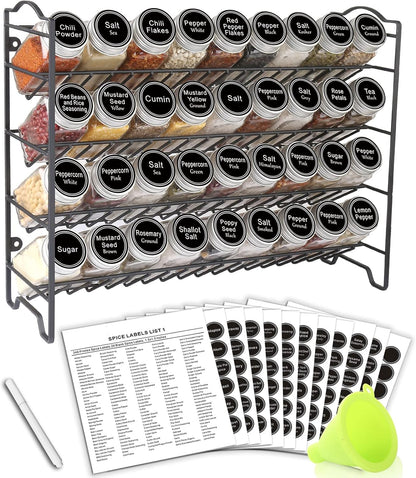 SWOMMOLY Spice Rack Organizer with 36 Empty Square Spice Jars, 396 Spice Labels with Chalk Marker and Funnel Complete Set, for Countertop, Cabinet or Wall Mount, Black