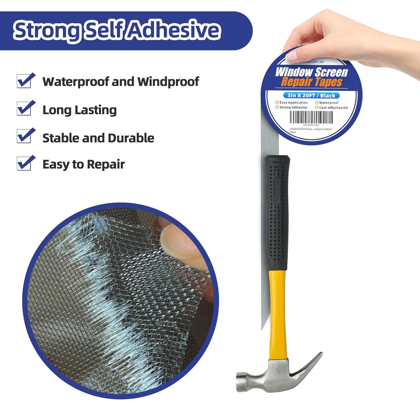 KING MOUNTAIN Black Window Screen Repair Tape,3inX20FT Heavy Duty Screen Repair Kit for Window Screen and Screen Door Tears Holes,Strong Adhesive & Waterproof Window Screen Patch