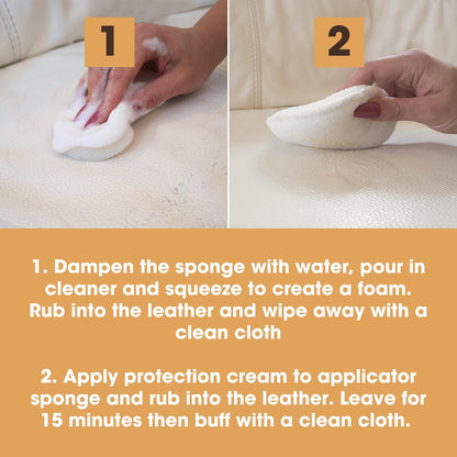 Furniture Clinic Large Leather Care Kit | Leather Cleaner + Conditioning Protection Cream for Furniture | Two 17oz Bottles + 1 Sponge & 1 Cloth | Restore Leather Couches, Car Seats, Jackets, & Boots