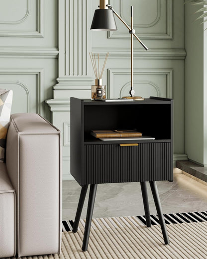 Nightstand,Modern Bedside Table with Storage Drawer and Open Wood Shelf, Accent Night Stand with Solid Wood Legs for Living Room, Bedroom and Small Spaces,Easy Assembly (Black)