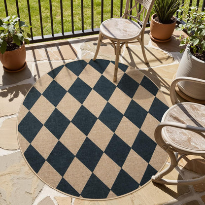Lahome Checkered Round Entryway Rug 4ft, Circle Indoor Outdoor Patio Rug Washable Farmhouse Easy Jute Kitchen Rugs, Contemporary Non Slip Round Carpet for Bedroom Front Porch