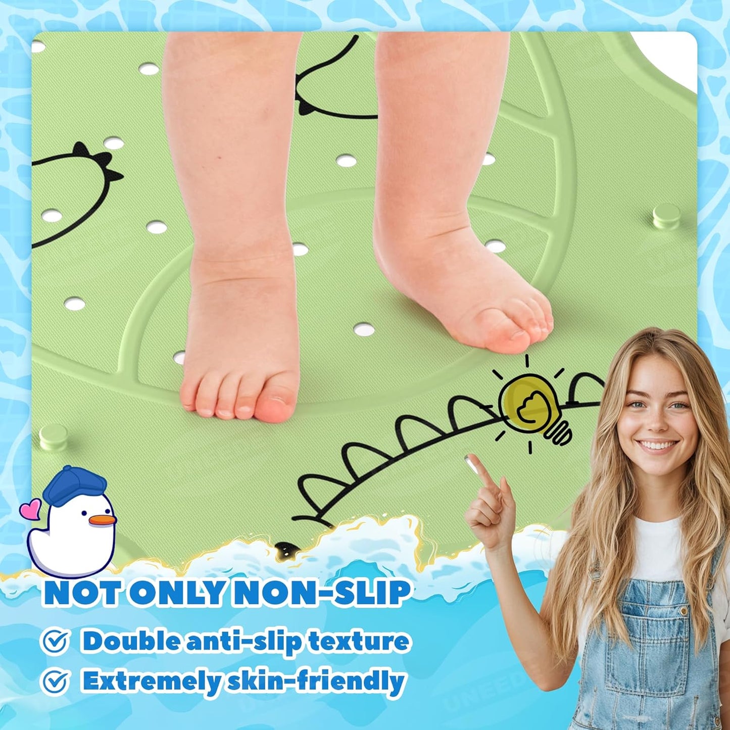 UNEEDE Dinosaur Kids Bathtub Mat - Extra Thick Rubber Shower Mat for Toddlers, 30"x18" Bath Mat with 100+ Suction Cups, Machine Washable Tub Pad for Babies & Children's Bath Time Comfort