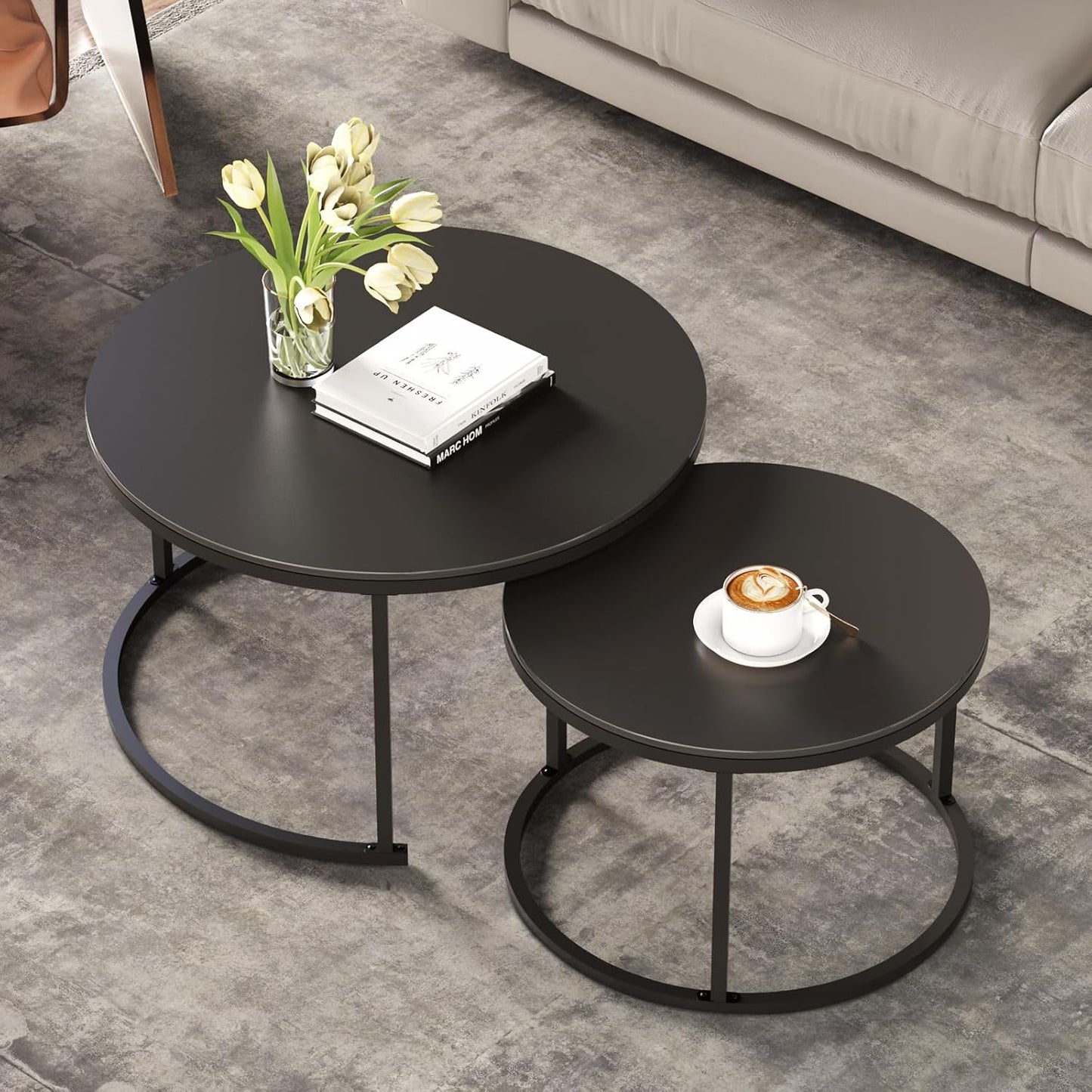 Round Nesting Black Coffee Table (Set of 2), Sintered Stone Top & Sturdy Metal Base for Living Rooms and Tight Spaces
