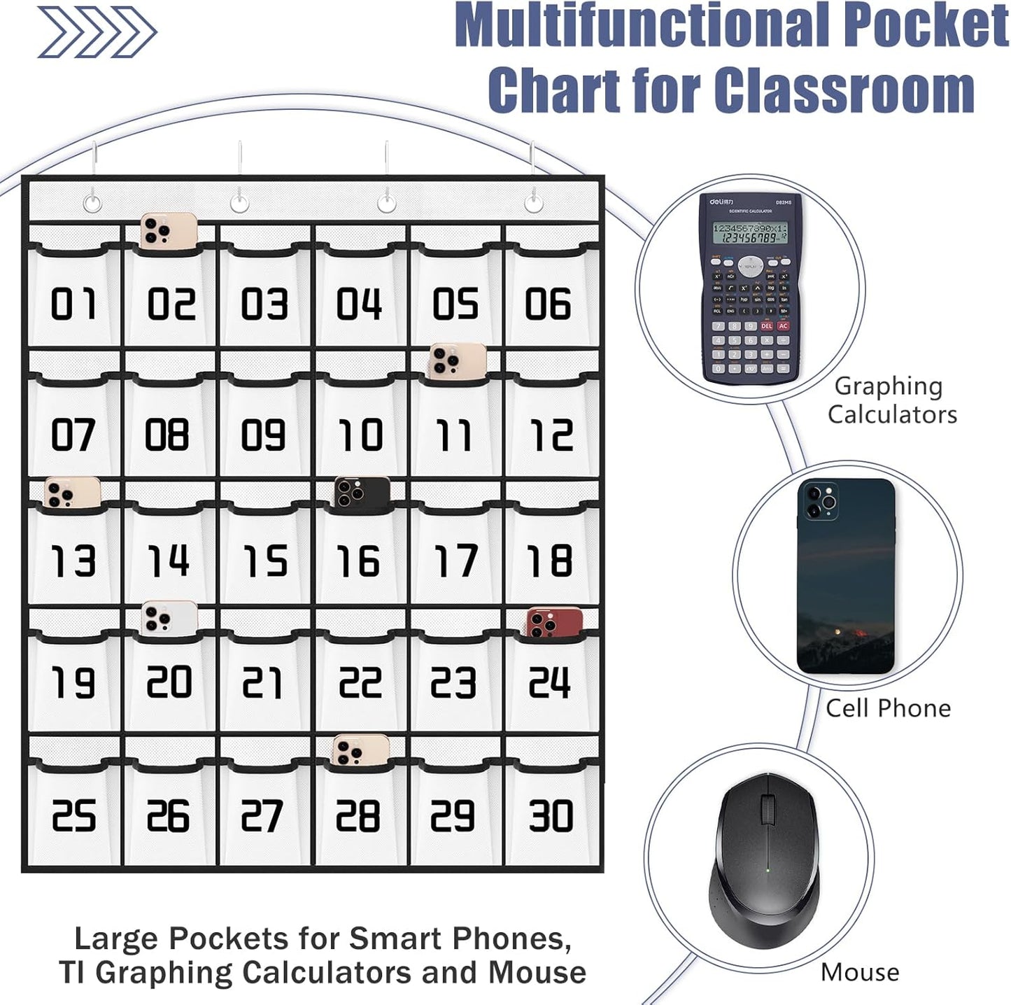 Loghot Classroom Accessories Closet Pocket Chart for Cell Phones Holder Wall Door Hanging Organizer (30 Pockets White)