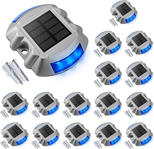 VOLISUN Solar Deck/Dock Lights, 16-Pack Led IP67 Waterproof Outdoor Warning Step Lights for Driveway Sidewalk Garden Pathway Yard (Blue)