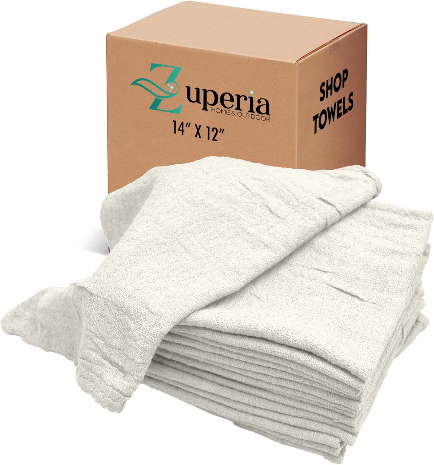 ZUPERIA Cotton Shop Towel – Multipurpose Cleaning Cloths (14" x 12" - Pack of 100 - White) Reusable Shop Rags for Automobiles, Industrial, Restaurants, Garage, and Homes