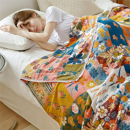Throw Blanket for Couch Bed, 100% Cotton Muslin 60''x80'' Travel Bed Blankets Mexican Boho Quilt Flowers Blanket Lightweight Blanket Soft Warm Throws Gifts for Women Mom