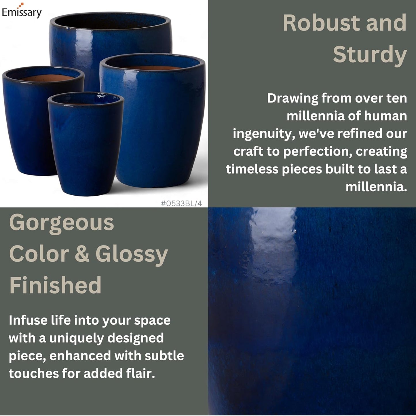 Emissary Bullet 9.5 in. Blue Ceramic Round Planter (9.5 in. L x 9.5 in. W x 12 in. H) with Drainage Hole