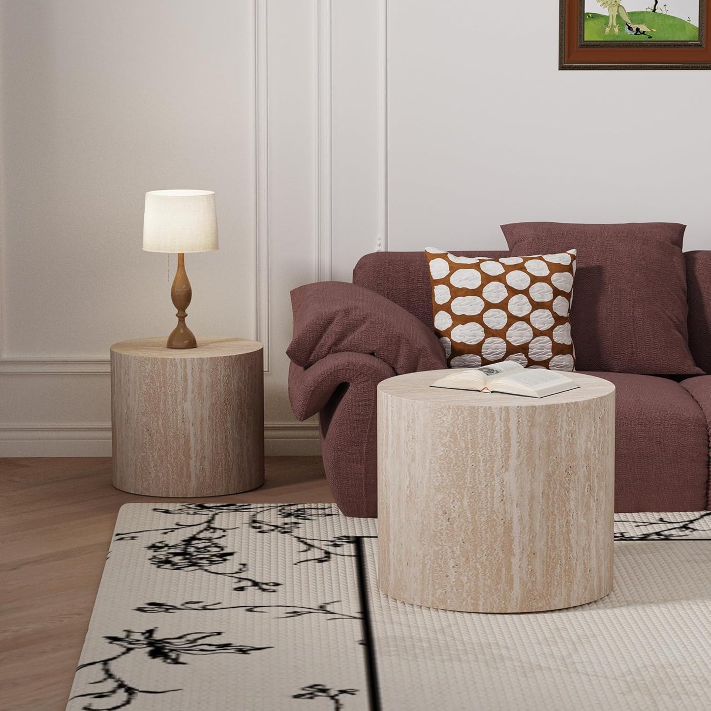 Round Nesting Coffee Table Set of 2 Modern Round Fluted Coffee Table Small Circle Coffee Tables Circular Side Table End Table Nested Coffee Tables for Living Room (Travertine 18in)