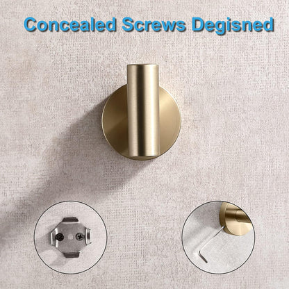 TASTOS Brushed Gold Bathroom Towel Coat Hook Stainless Steel, 2 Pack Robe Clothes Cabinet Closet Sponges Hooks Holder Round Style Heavy Duty Wall Hook for Bathroom Kitchen Hotel Wall Mounted