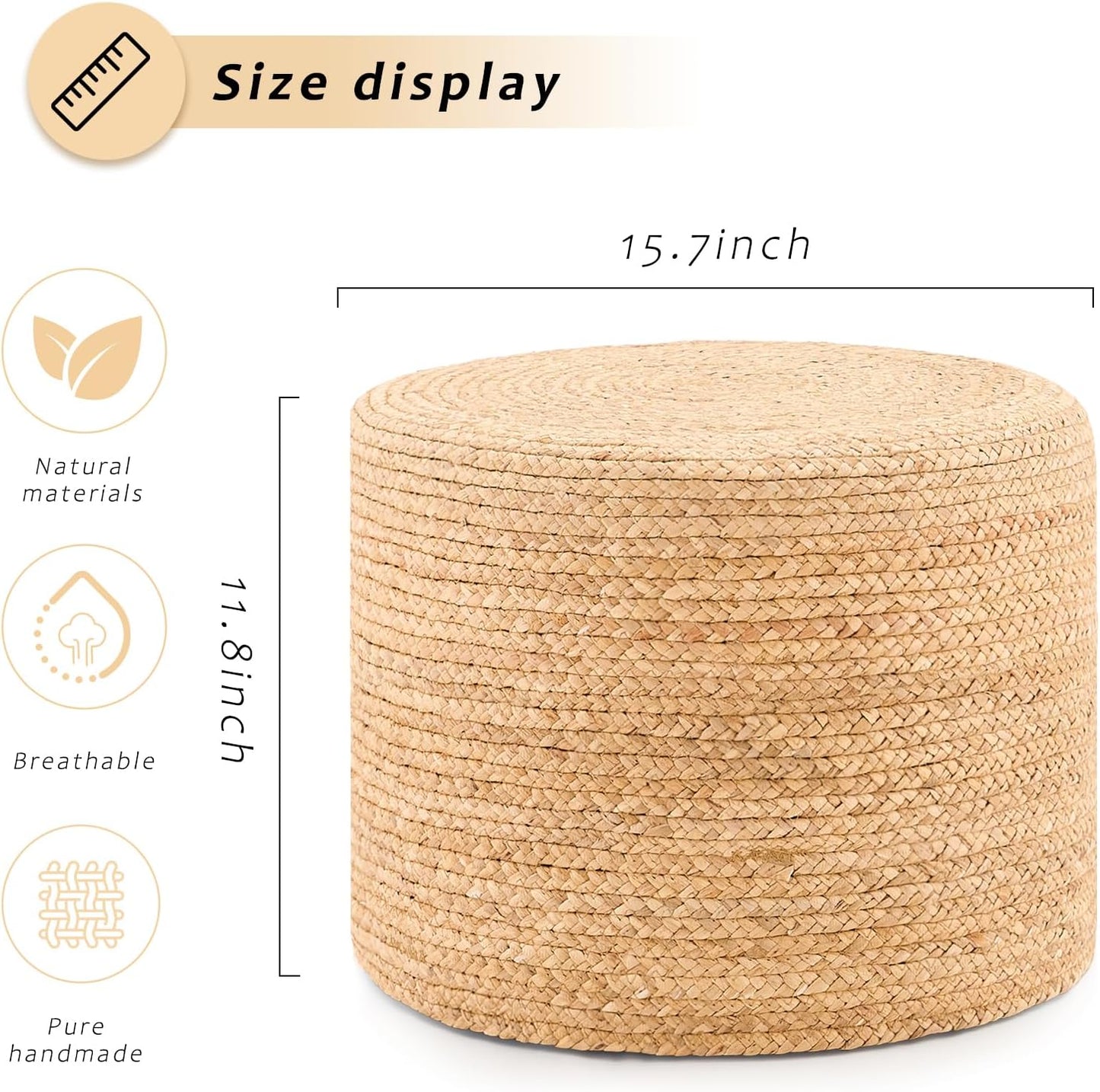 Handwoven Water Hyacinth Ottoman Pouf, Round Outdoor Footstool with Sturdy Frame, No Assembly Needed, Boho Accent Stool for Indoor & Outdoor Use – Patio, Balcony, Living Room (Natural)