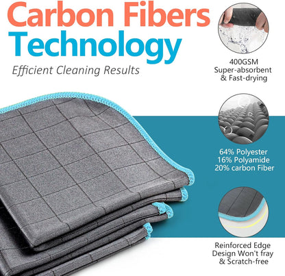 Airlab Carbon Microfiber Towels for Car Glass Window Polishing Cleaning Cloth Auto Detailing Lint Free Streak Free Drying Car Wash Towel, Pack of 3, 12" x 12", Grey-Blue