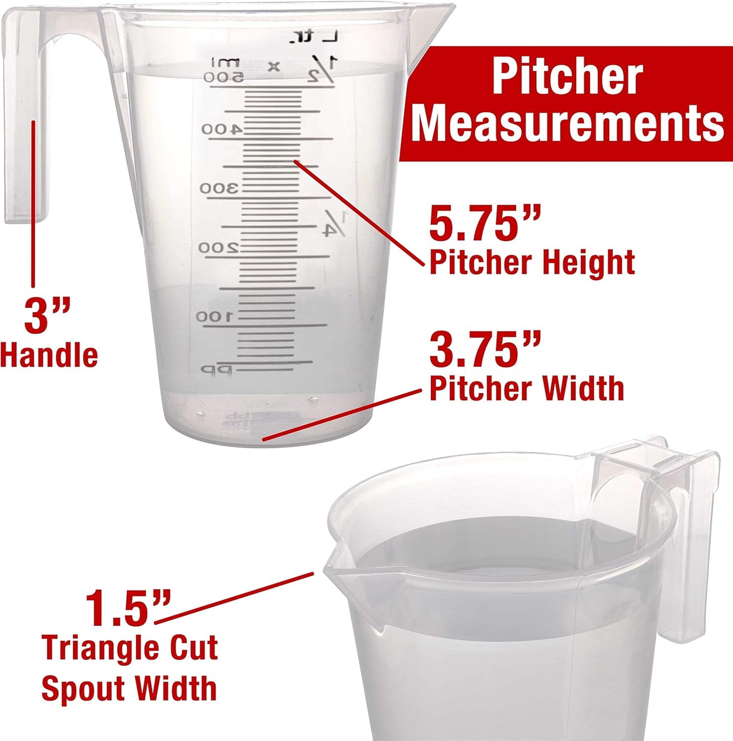 TCP Global 1/2 Liter (500ml) Plastic Graduated Measuring and Mixing Pitcher (Pack of 6) - Holds Over 1 Pint (16oz) - Pouring Cups, Measure & Mix Paint, Resin, Epoxy, Kitchen Cooking Baking Ingredients