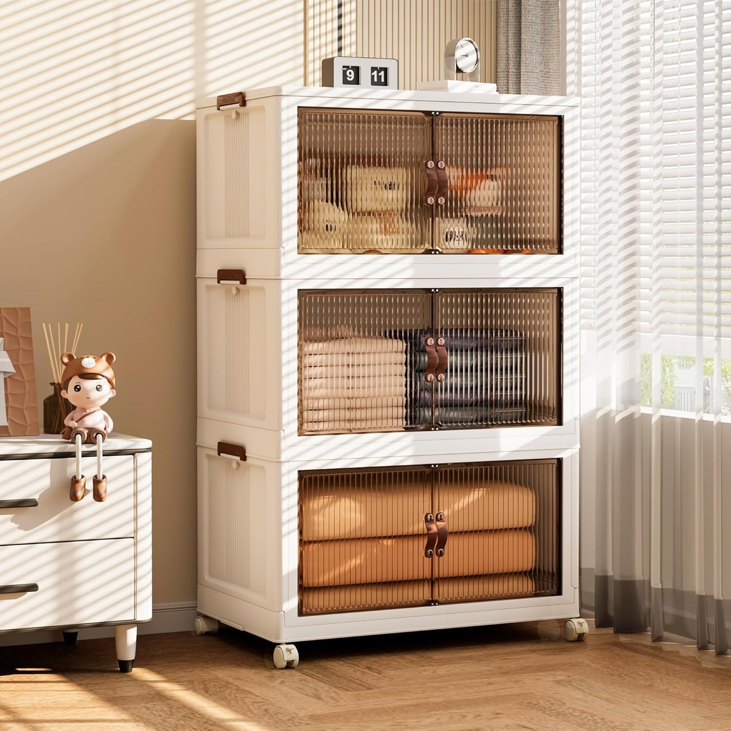 Jalove 30Gal Large Storage Bins with lids, 120QT Plastic Stackable Storage Containers with Wheels, Collapsible Closet Organizer and Storage Drawers,Clothes Organization for Cabinet Home, 1Pack White