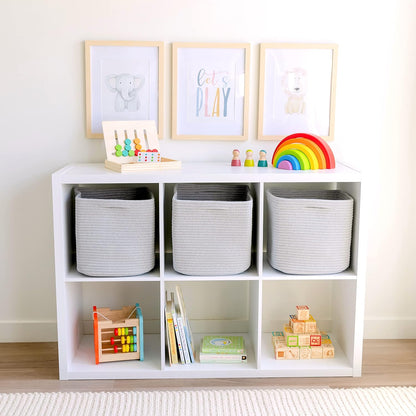 NaturalCozy Storage Cubes 11 Inch Cotton Rope Woven Baskets for Organizing, 3-Pack | Cube Storage Bin | Square Storage Baskets for Shelves Organizer, Classroom, Kids Toy Bins, Closet, Baby Nursery