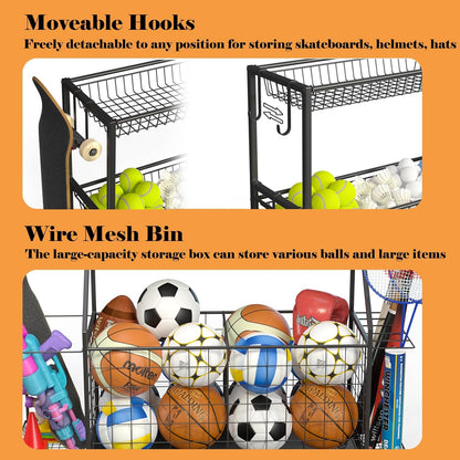 Sports Equipment Organizer, Garage Ball Storage Racks - Outdoor Toy Storage with 2 Side Racks & Removable Baskets, Heavy-Duty Garage Rolling Ball Cart with Wheels, Hooks for Toys, Sports Gear