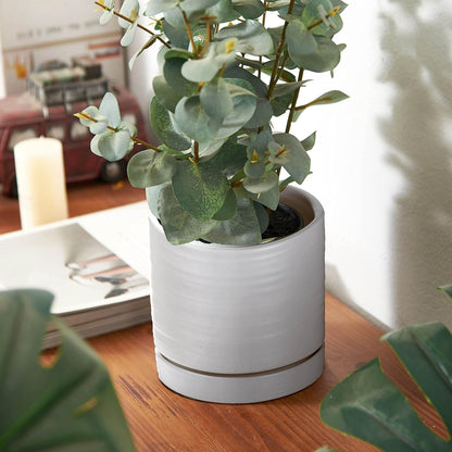 6 + 8 Inch Plant Pots, Ceramic Planter Pot with Drainage Hole & Saucer, Indoor/Outdoor Cylinder Round Planter Pot, Matte White