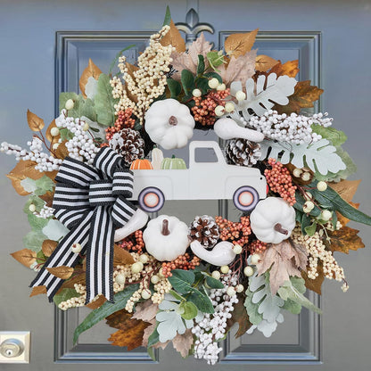Fall Wreath for Front Door,20 inch White Pumpkin Door Wreath with Truck and Bow, Harvest Porch Decor, Fall Decoration Indoor Outdoor,