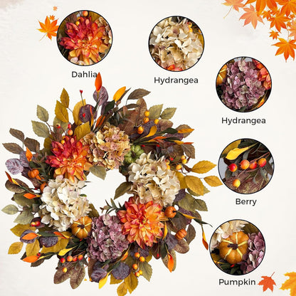 24Inch Fall Wreaths for Front Door,Fall Wreath with Beige Hydrangea,Orange Dahlia Artificial Flowers,Pumpkins,Autumn Wreaths for Harvest Thanksgiving Halloween Indoor Outdoor Home Decor