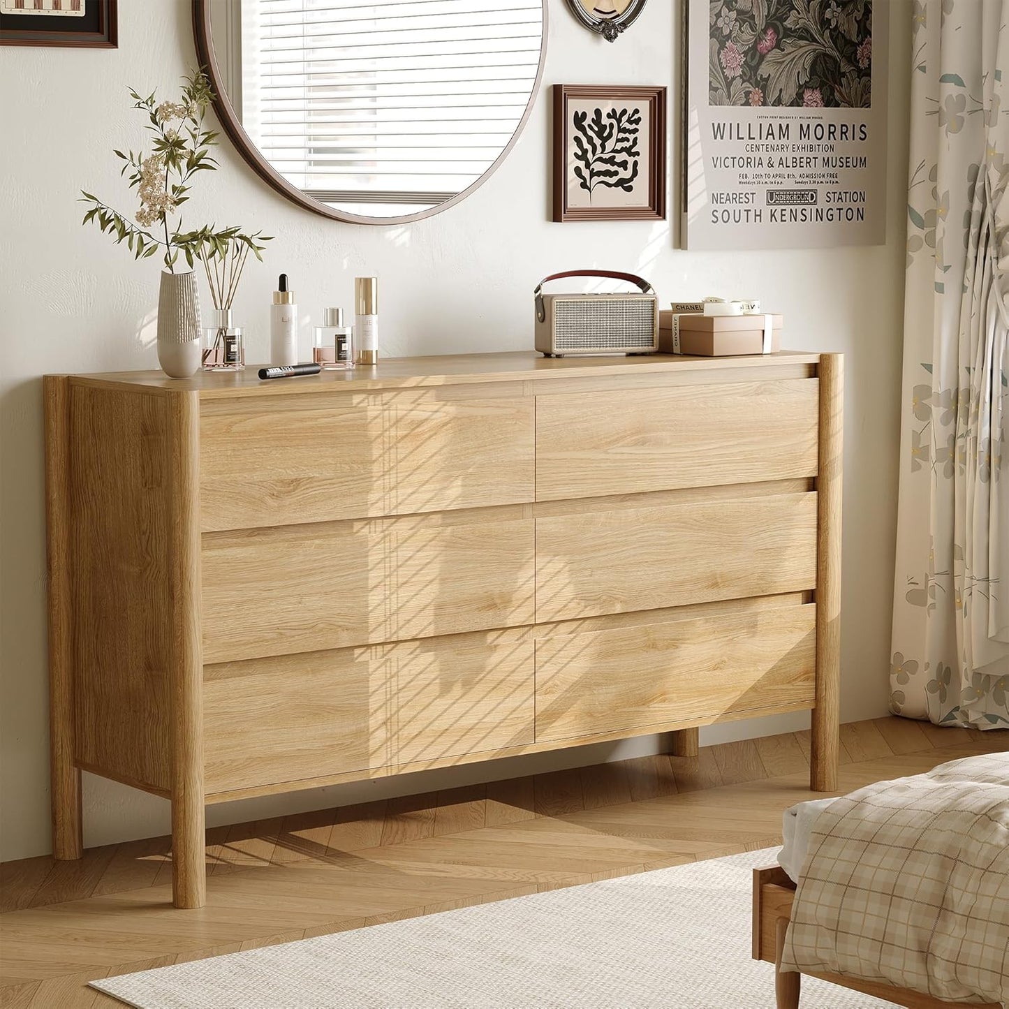 Dresser for Bedroom with 6 Drawers,47" Wide Oak Dresser with 4 Solid Wood Legs, Wooden TV Stand,Closet Clothes Organizer for Bedroom, Hallway