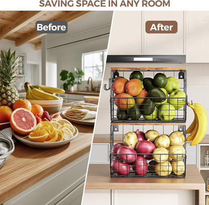 Delamu 2-Pack Stackable Metal Fruit Basket with Wood Lid-Wall Mounted & Countertop Organizer for Kitchen,Pantry- Ventilated Storage for Onions,Potatoes,Fruits,Spices (12"x 8"x 8-5/16")