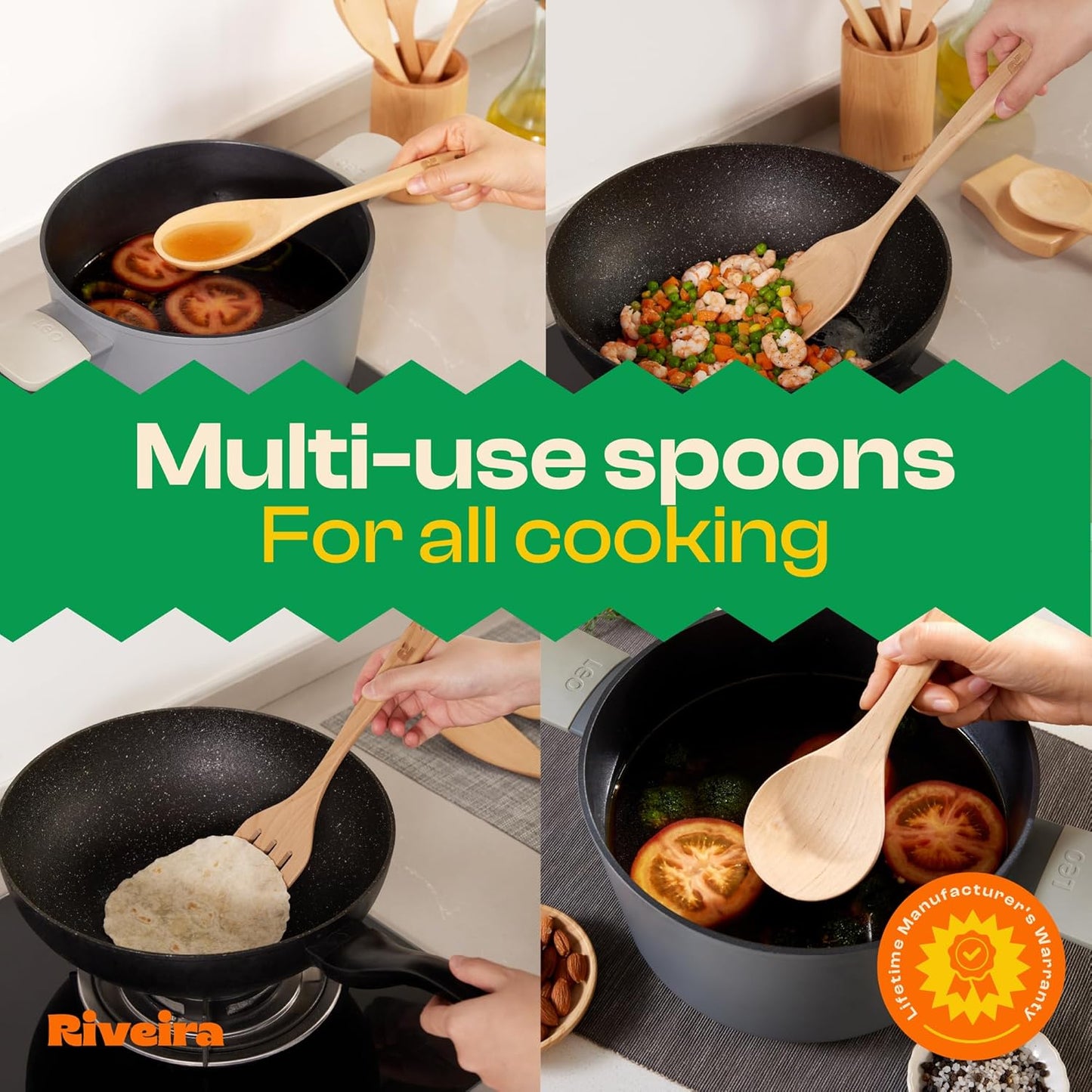 Riveira Maple Wooden Spoons for Cooking Set of 9 – Natural Maple Wooden Cooking Utensils, Wooden Spatula, Wooden Spoon - Premium Quality Wooden Utensil Set for Non-Toxic Cooking